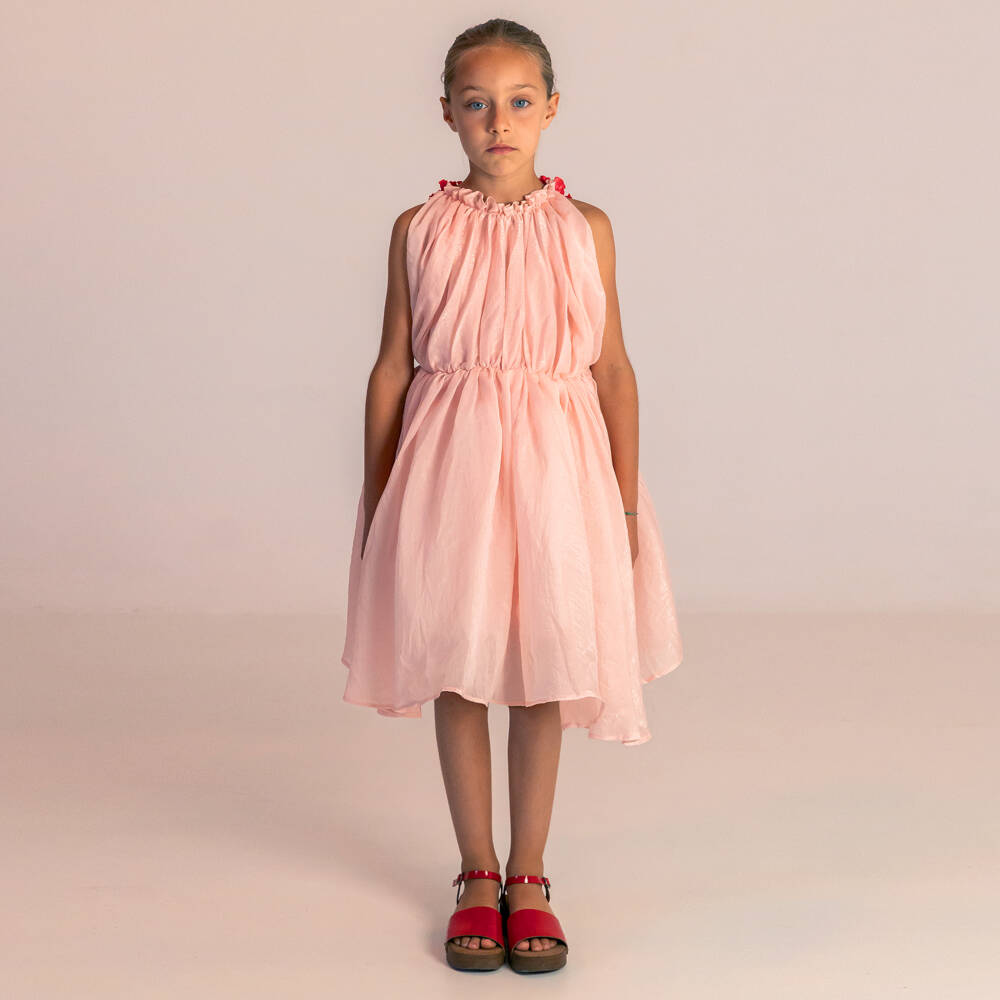 RaspberryPlum-Girls Pale Pink Voile Dress with Vibrant Pink Ruffles | Childrensalon