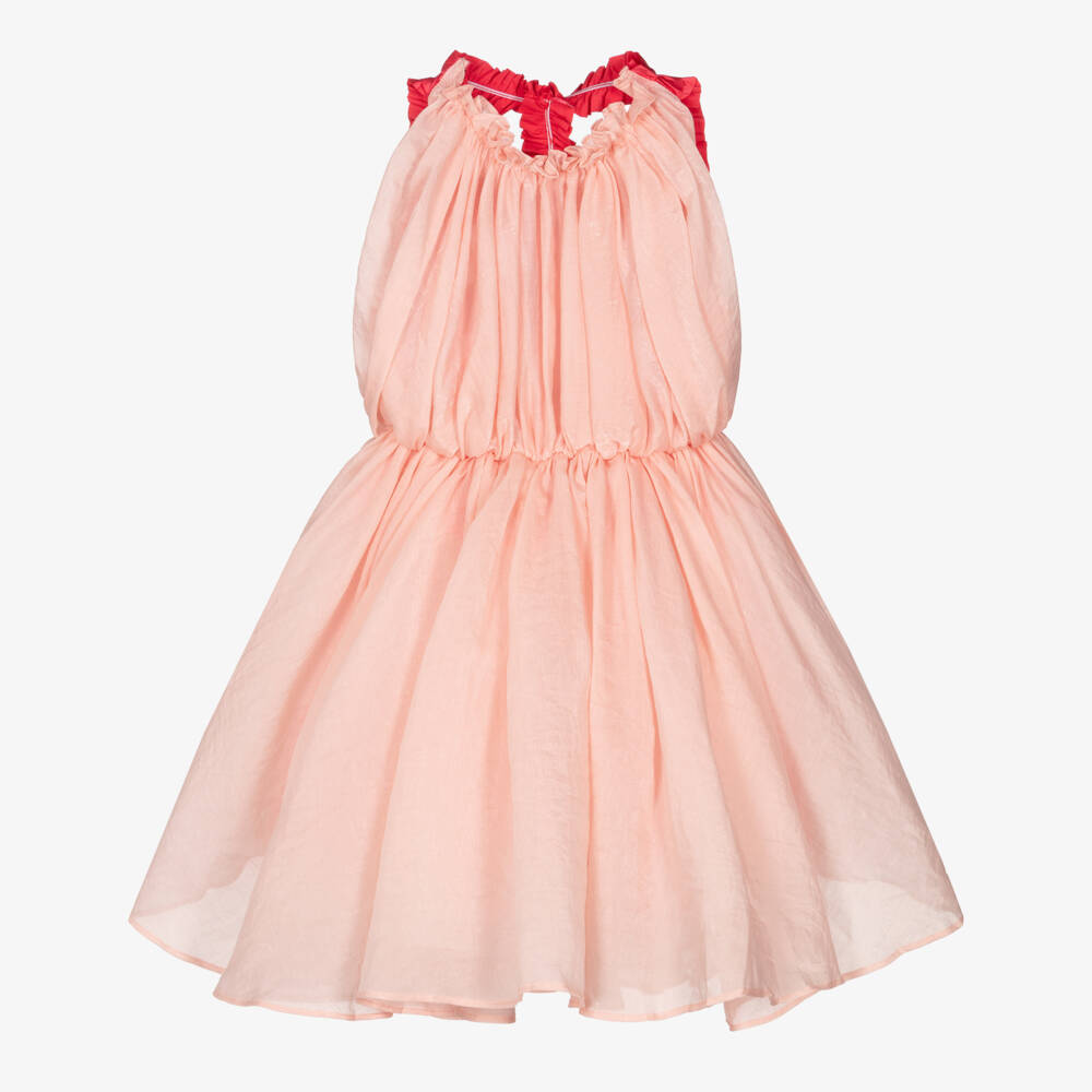 RaspberryPlum-Girls Pale Pink Voile Dress with Vibrant Pink Ruffles | Childrensalon