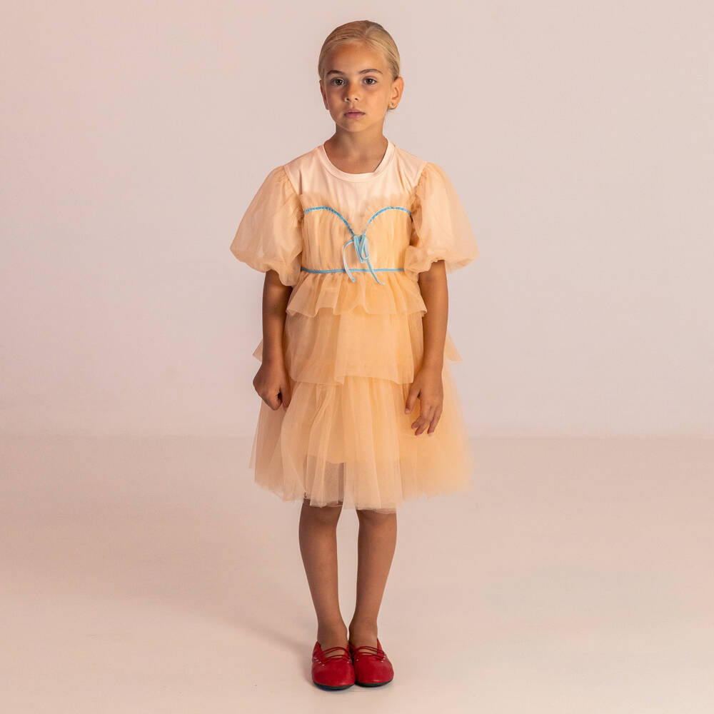 RaspberryPlum-Платье оранжевое из трикотажа и тюля для девочек | Childrensalon