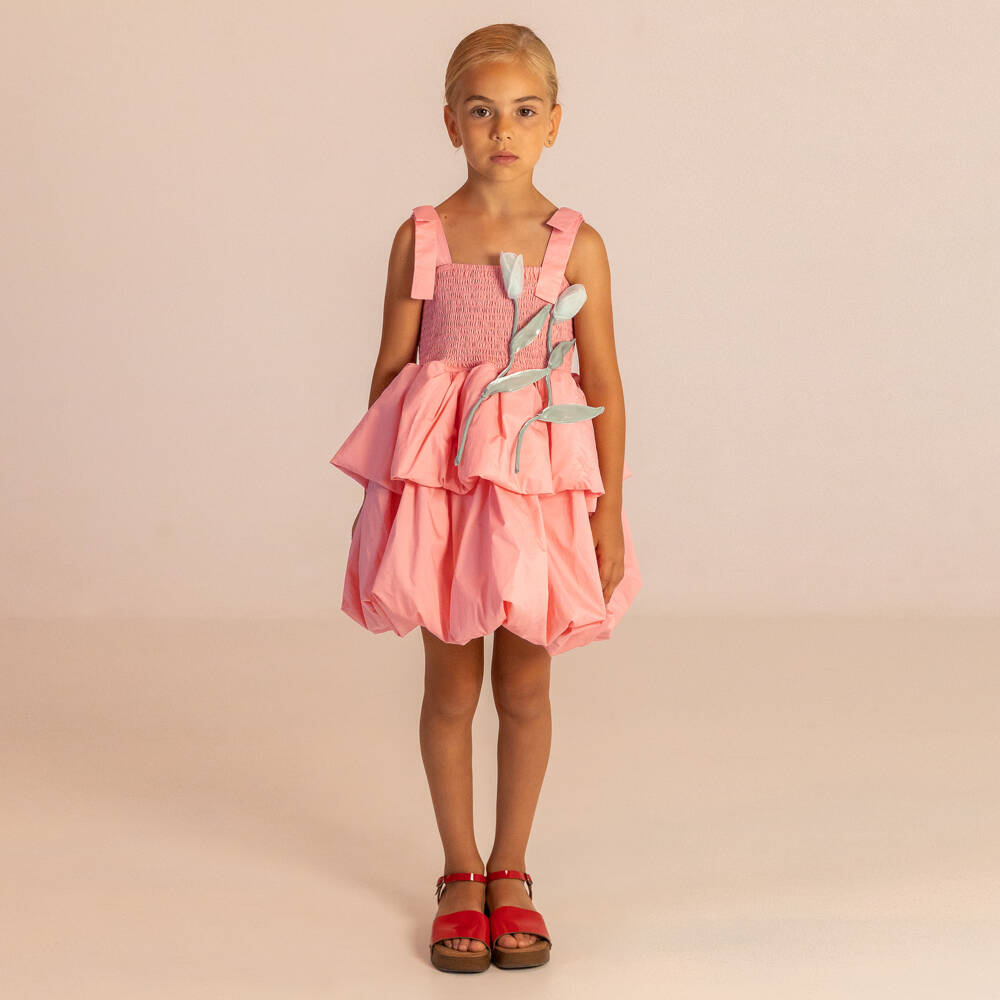 RaspberryPlum-Girls Pink Cotton Puffball Dress with 3D Flowes | Childrensalon