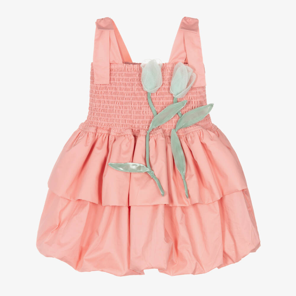 RaspberryPlum-Girls Pink Cotton Puffball Dress with 3D Flowes | Childrensalon