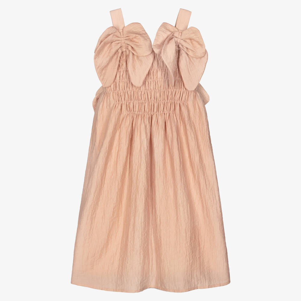 RaspberryPlum-Girls Pink Crinkled Fabric Dress with Bows | Childrensalon