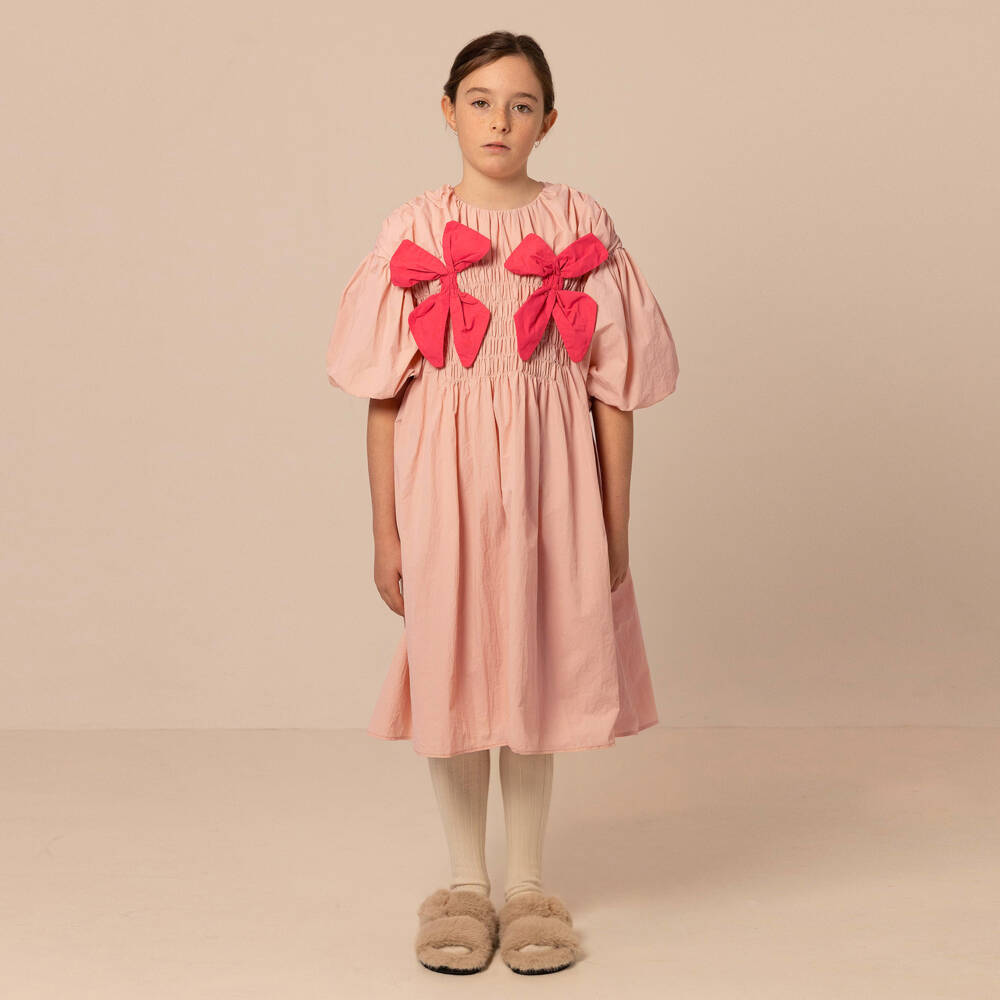 RaspberryPlum-Girls Pink Taffeta Dress with Bows & Puffed Sleeves | Childrensalon