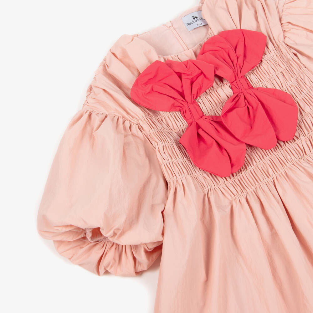 RaspberryPlum-Girls Pink Taffeta Dress with Bows & Puffed Sleeves | Childrensalon