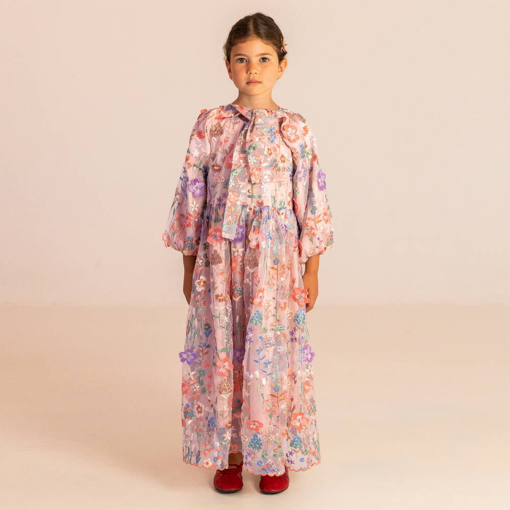 RaspberryPlum-Girls Tulle Maxi Dress with Colourful Embroidered Flowers | Childrensalon