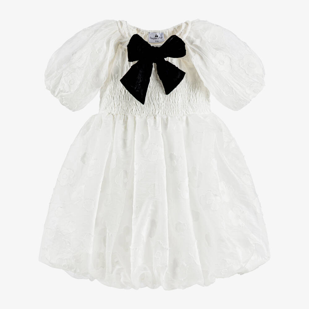 RaspberryPlum-Girls White Floral Jacquard Dress with Black Bow | Childrensalon