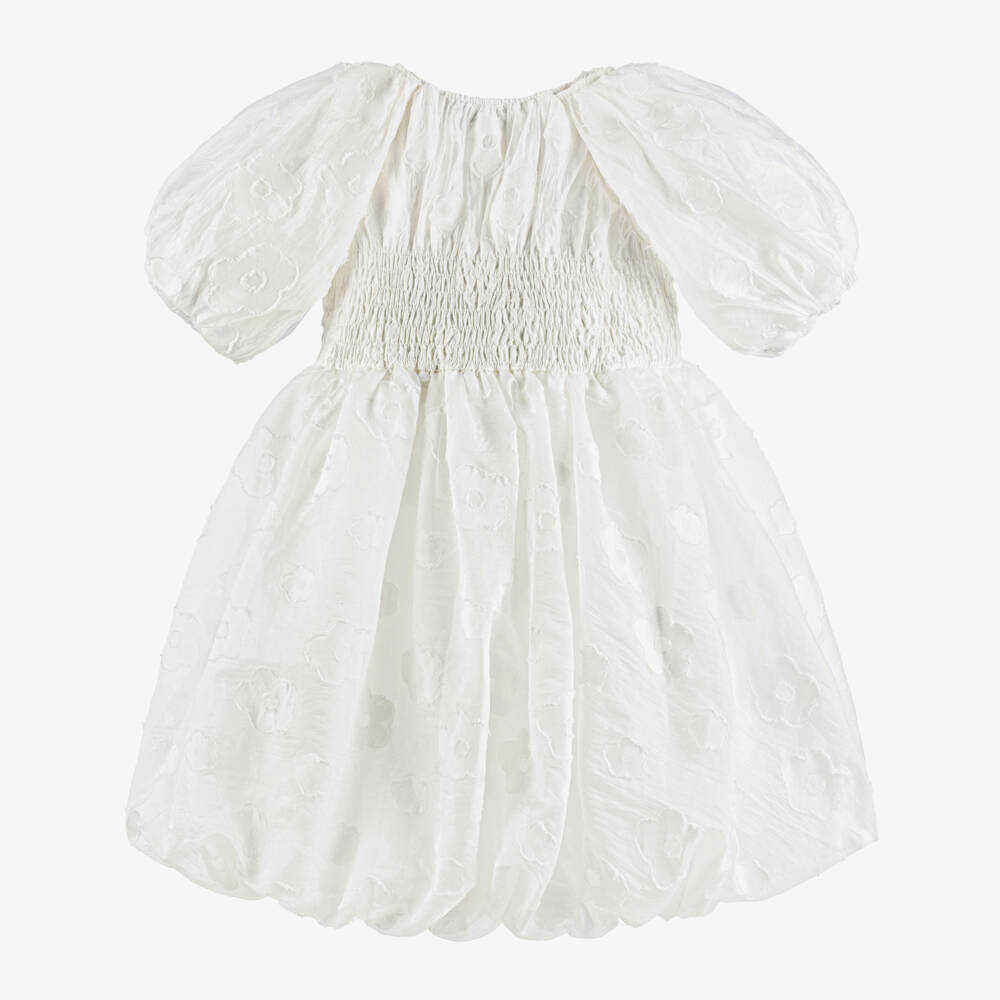 RaspberryPlum-فستان جاكار مزين بفيونكة سوداء لون أبيض للبنات | Childrensalon