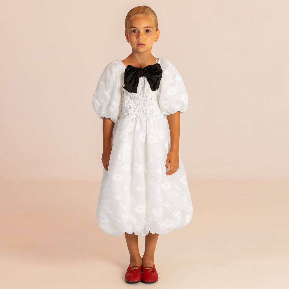 RaspberryPlum-Girls White Floral Jacquard Dress with Black Bow | Childrensalon