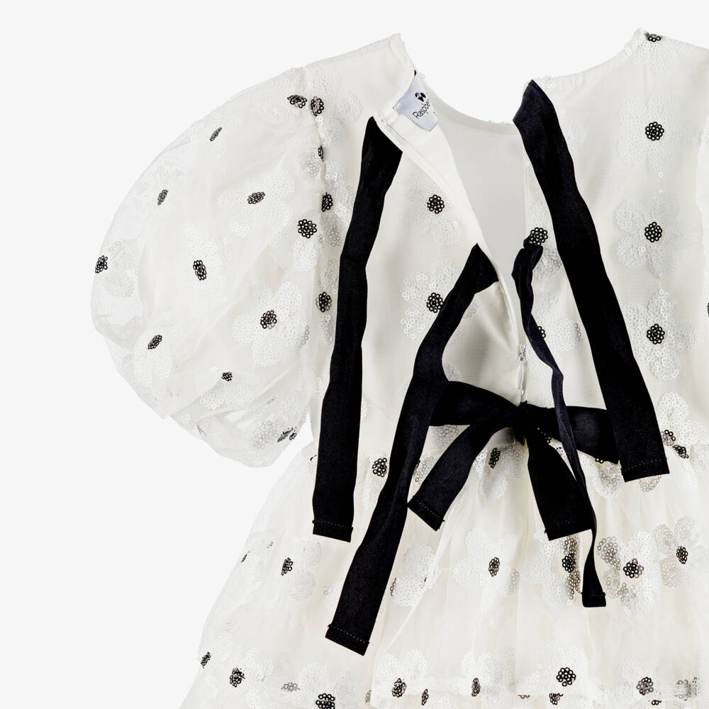 RaspberryPlum-فستان تول مزين بأزهار الأقحوان وترتر لون أبيض للبنات | Childrensalon