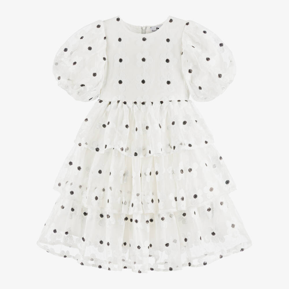 RaspberryPlum-Girls White Tulle Dress with Sequinned Daisies | Childrensalon