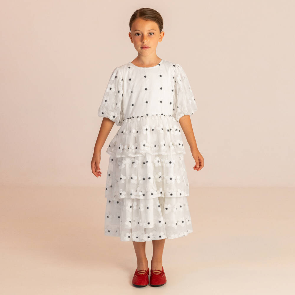 RaspberryPlum-Платье белое из тюля с пайетками-ромашками для девочек | Childrensalon