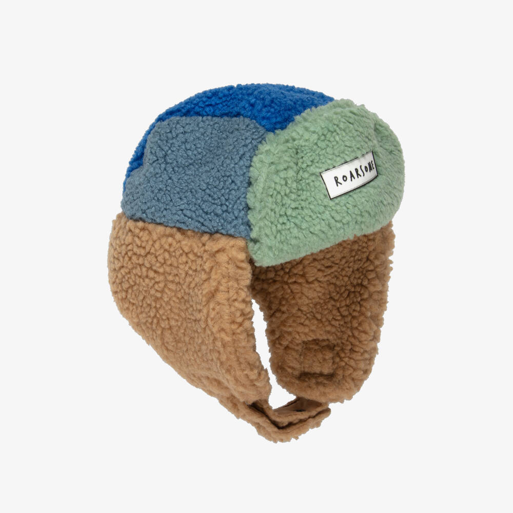 Roarsome-Шапка-траппер синяя из шерпа-флиса с цветоблоками | Childrensalon