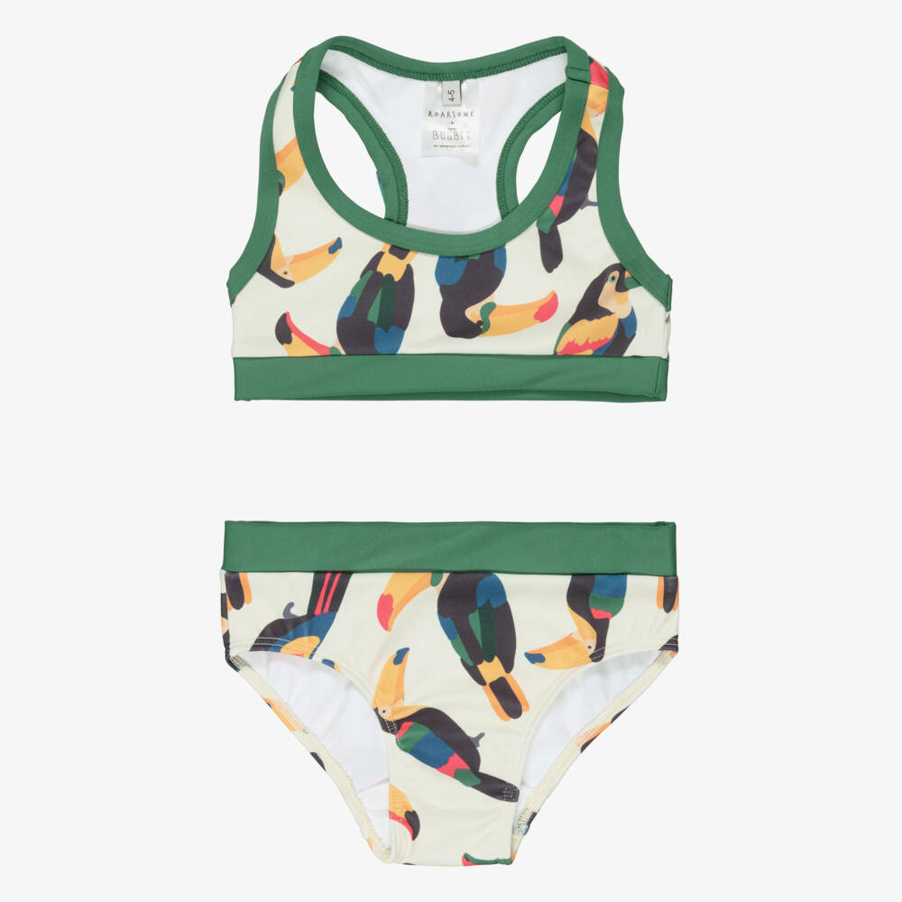 Roarsome-بيكيني بطبعة طائر التوكان لون عاجي وأخضر للبنات | Childrensalon