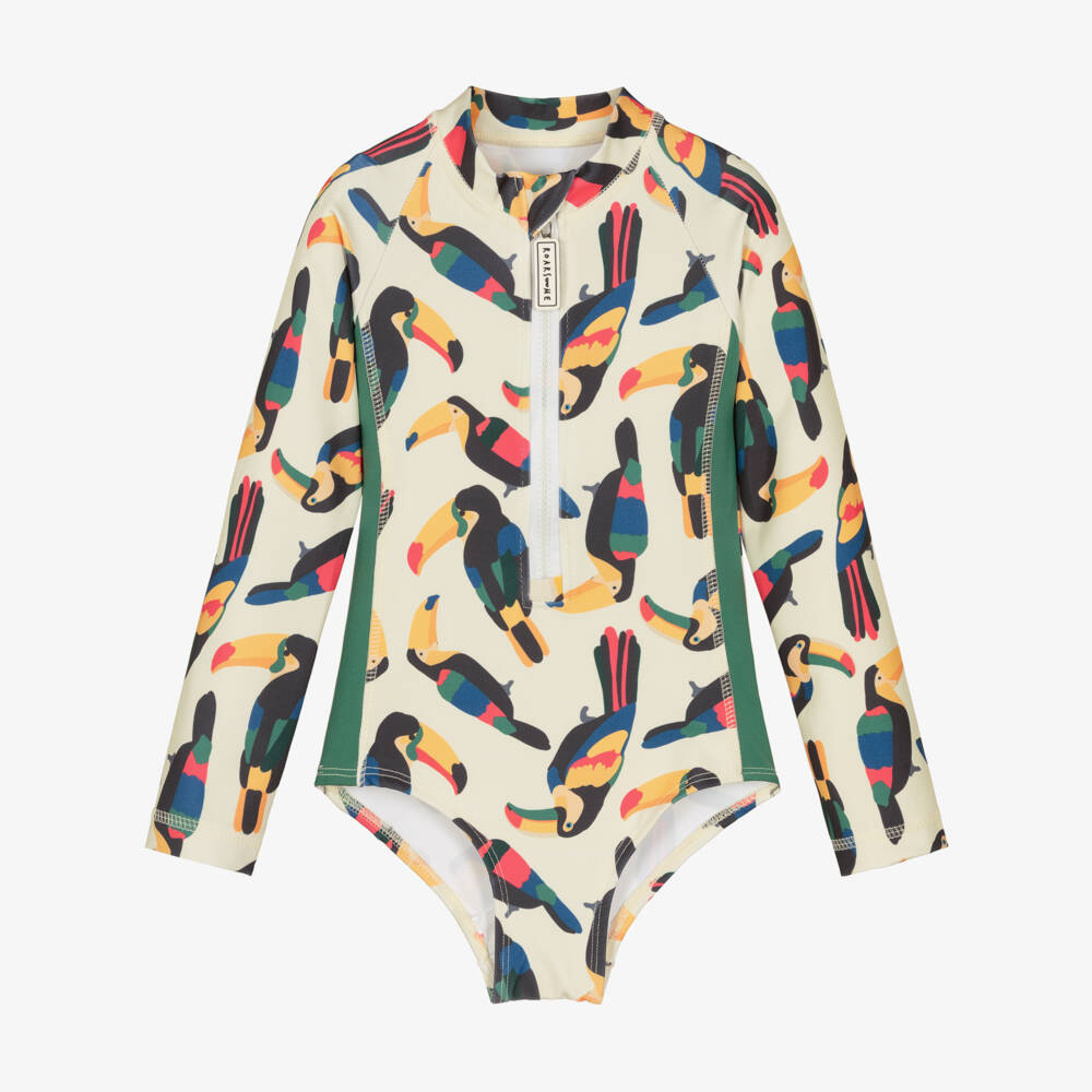 Roarsome-مايوه بنات بأكمام طويلة لون عاجي وأخضر | Childrensalon