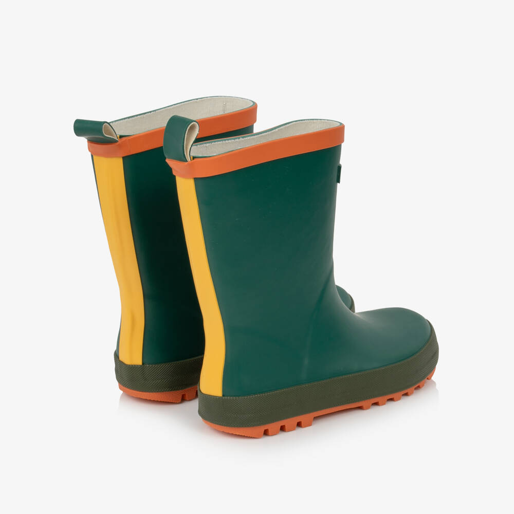 Roarsome-Green Rain Boots with Orange Trim | Childrensalon