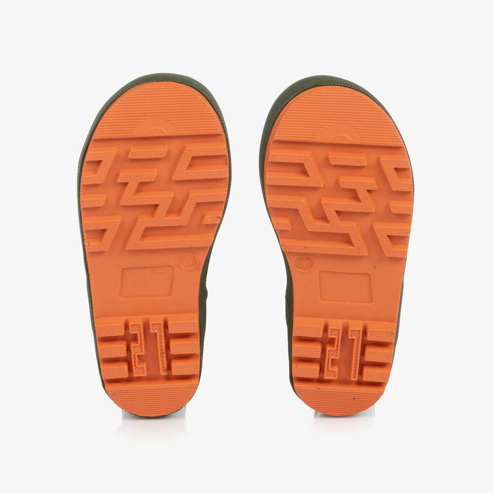 Roarsome-Green Rain Boots with Orange Trim | Childrensalon