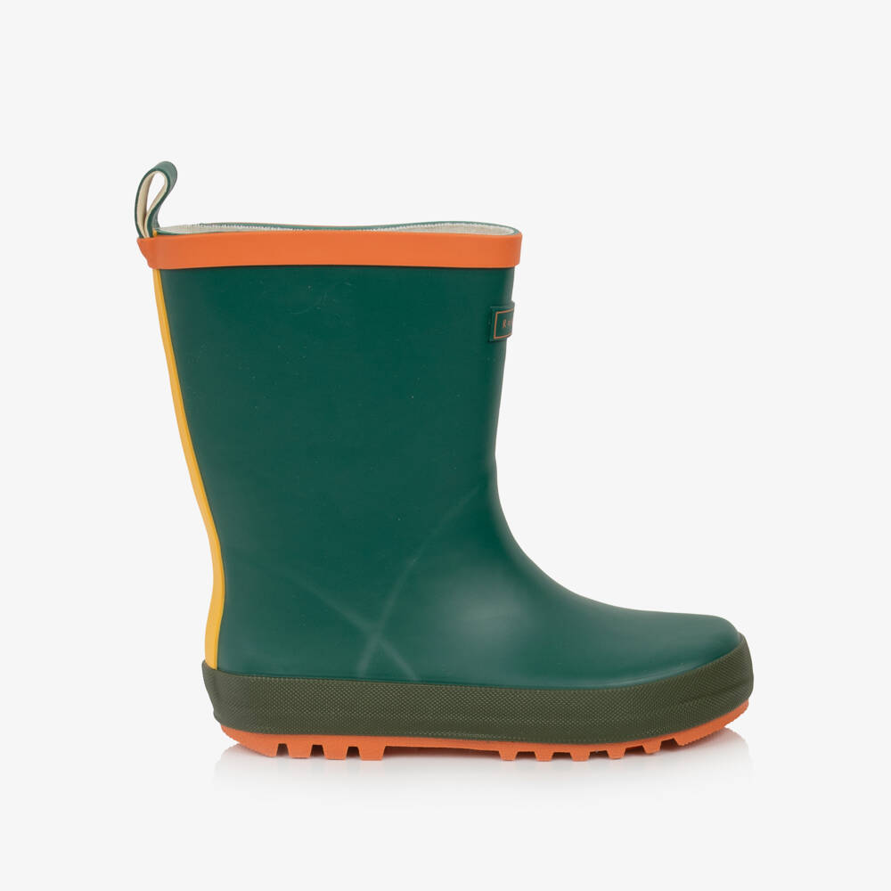 Roarsome-Green Rain Boots with Orange Trim | Childrensalon