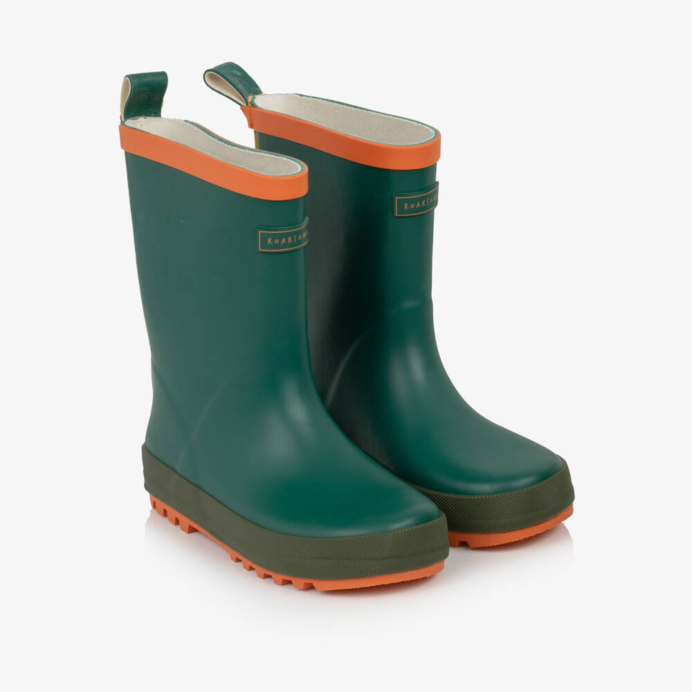 Roarsome-Green Rain Boots with Orange Trim | Childrensalon