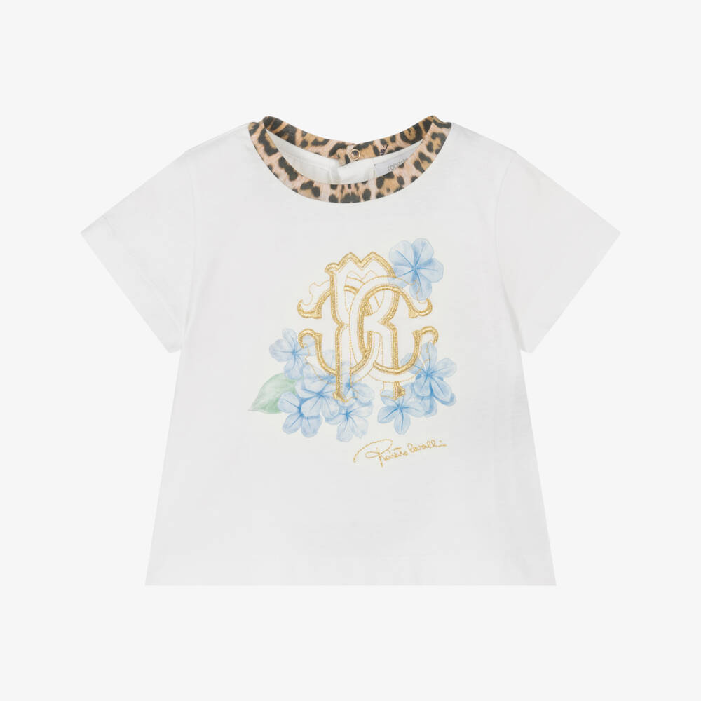 Roberto Cavalli-Baby Girls White Cotton Floral & Monogram T-Shirt | Childrensalon