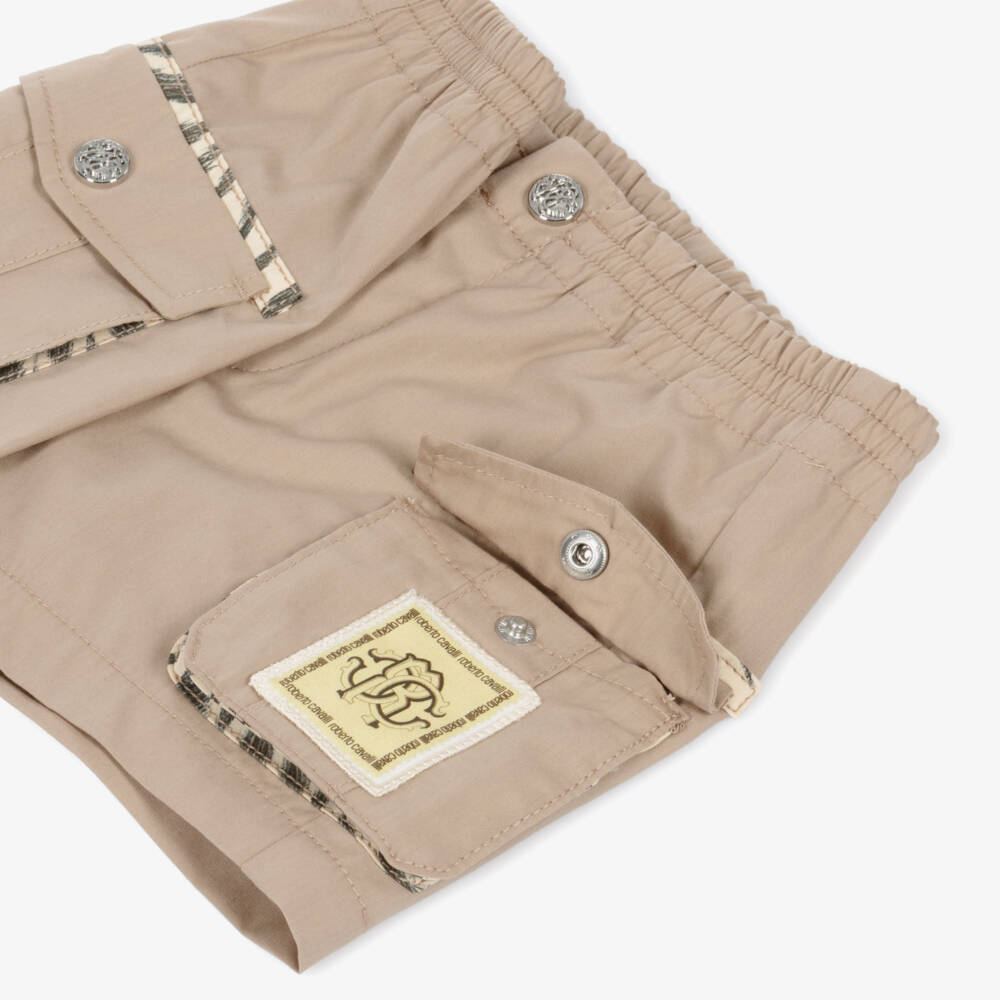Roberto Cavalli-Boys Beige Cotton Shorts With Tiger Print Pockets | Childrensalon