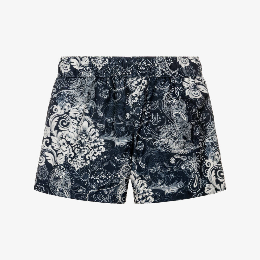 Roberto Cavalli-Boys Dark Blue & White Paisley Print Swim Shorts | Childrensalon