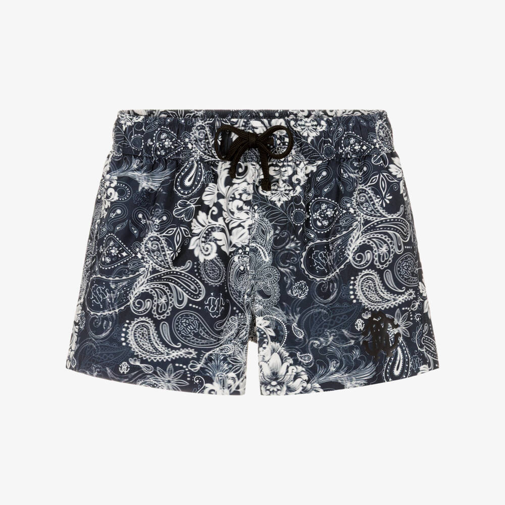 Roberto Cavalli-Boys Dark Blue & White Paisley Print Swim Shorts | Childrensalon