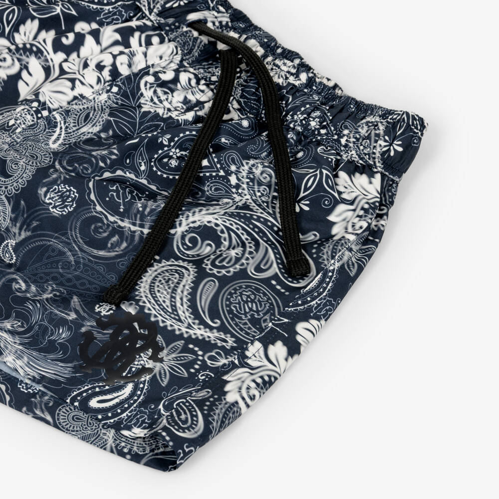 Roberto Cavalli-Boys Dark Blue & White Paisley Print Swim Shorts | Childrensalon