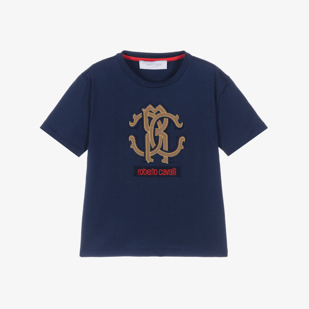 Roberto Cavalli-Boys Navy Blue Cotton Monogram Logo T-Shirt | Childrensalon