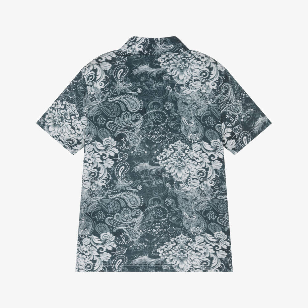 Roberto Cavalli-Рубашка поло из хлопка с сине-белым узором пейсли для мальчиков | Childrensalon