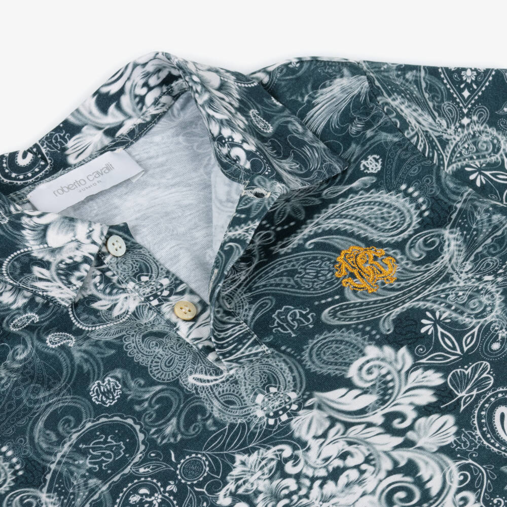 Roberto Cavalli-Рубашка поло из хлопка с сине-белым узором пейсли для мальчиков | Childrensalon