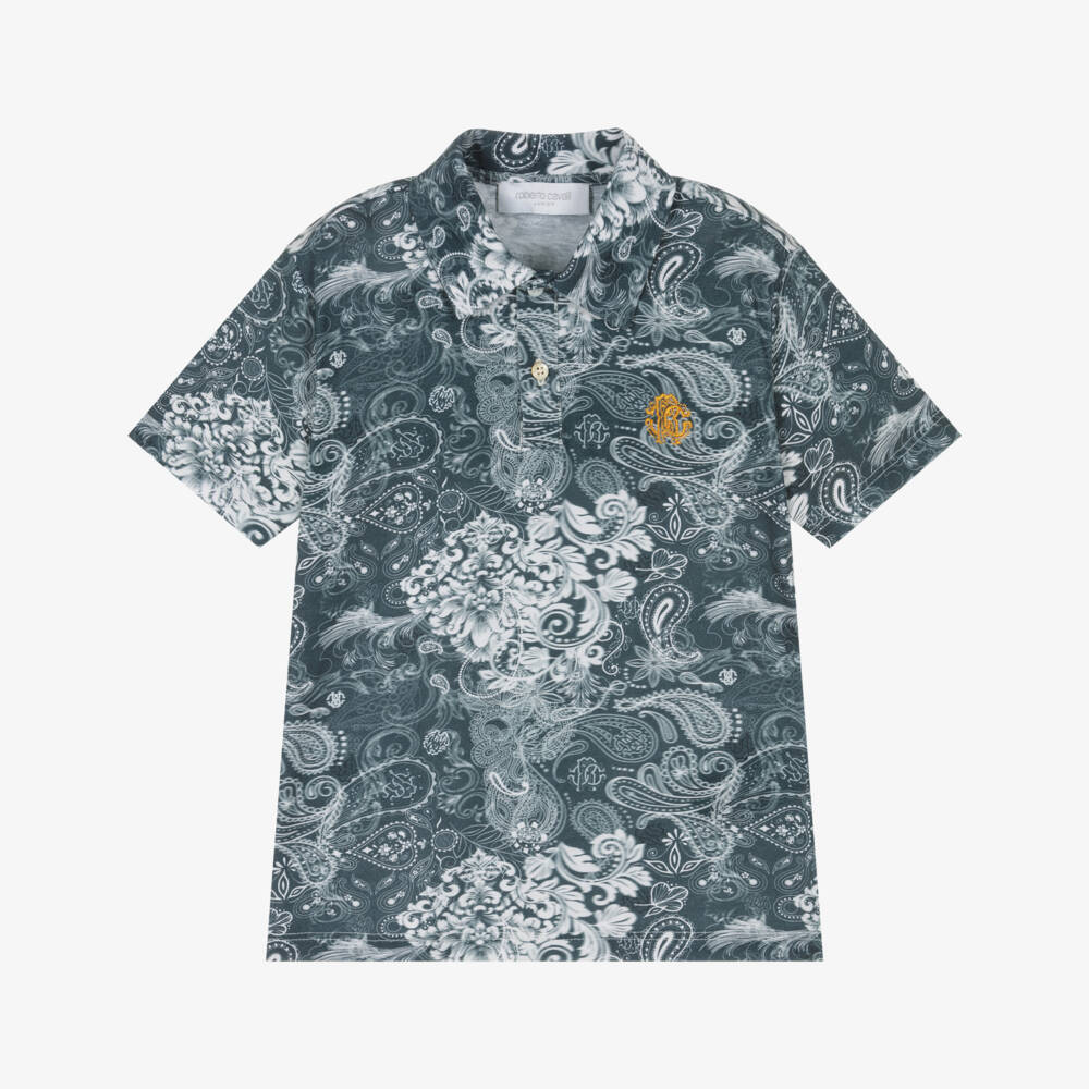 Roberto Cavalli-Рубашка поло из хлопка с сине-белым узором пейсли для мальчиков | Childrensalon