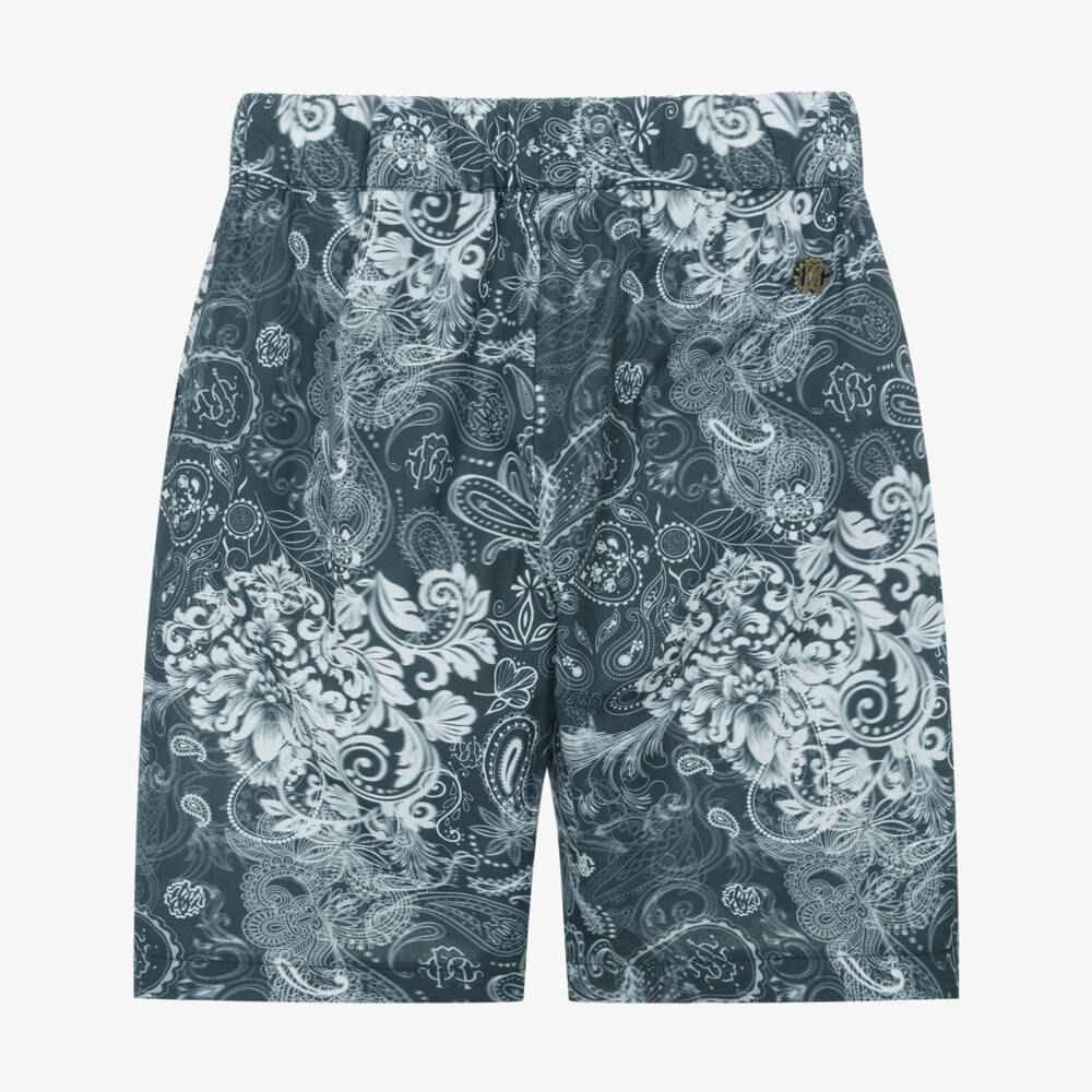 Roberto Cavalli-Boys Navy Blue & White Paisley Print Cotton Shorts | Childrensalon