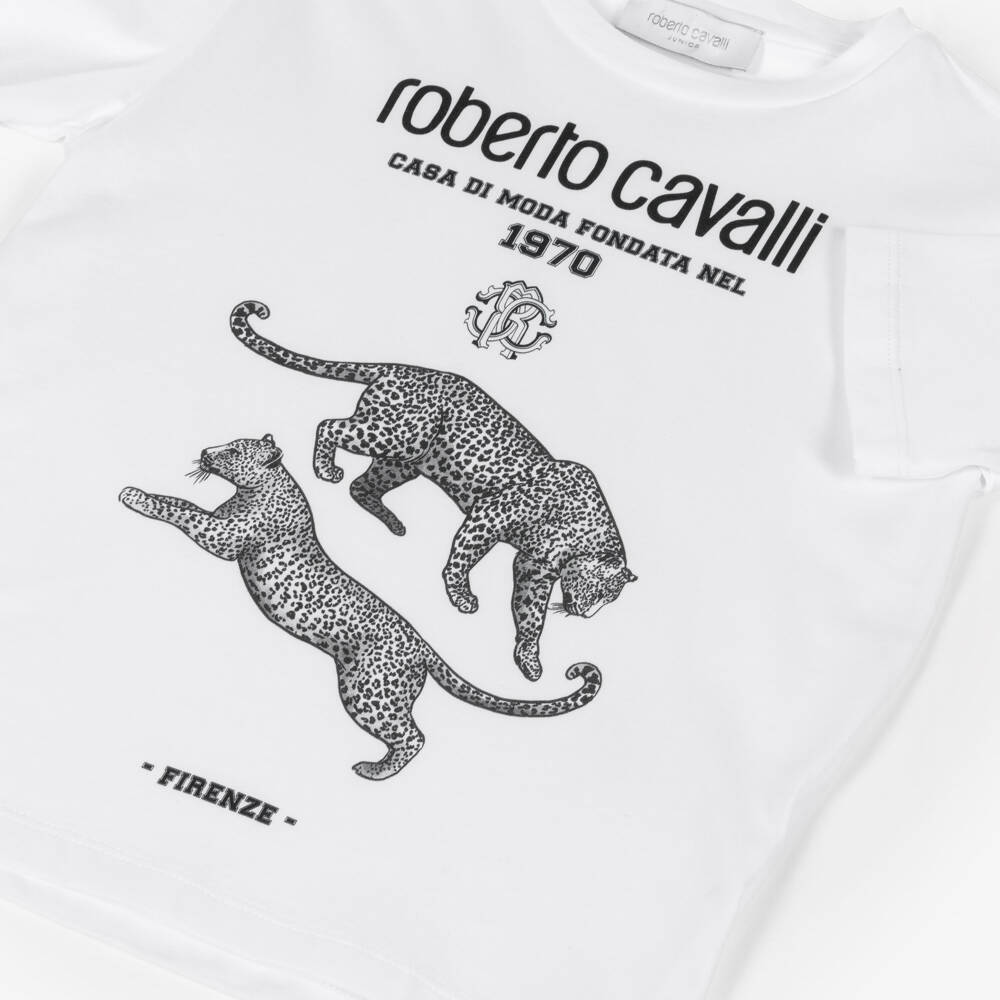 Roberto Cavalli-Футболка белая хлопковая с леопардами для мальчиков | Childrensalon