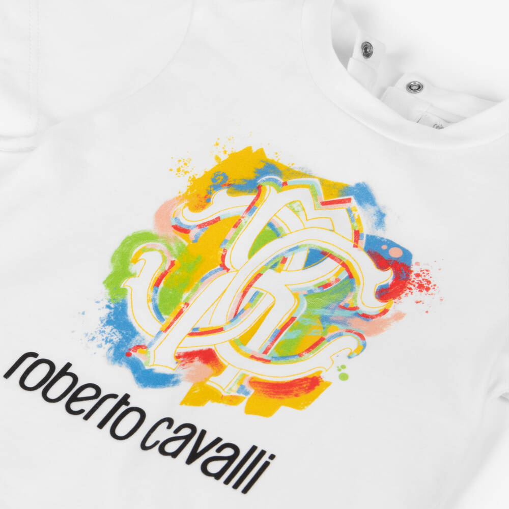 Roberto Cavalli-Boys White Cotton T-Shirt with Colourful Monogram Logo | Childrensalon