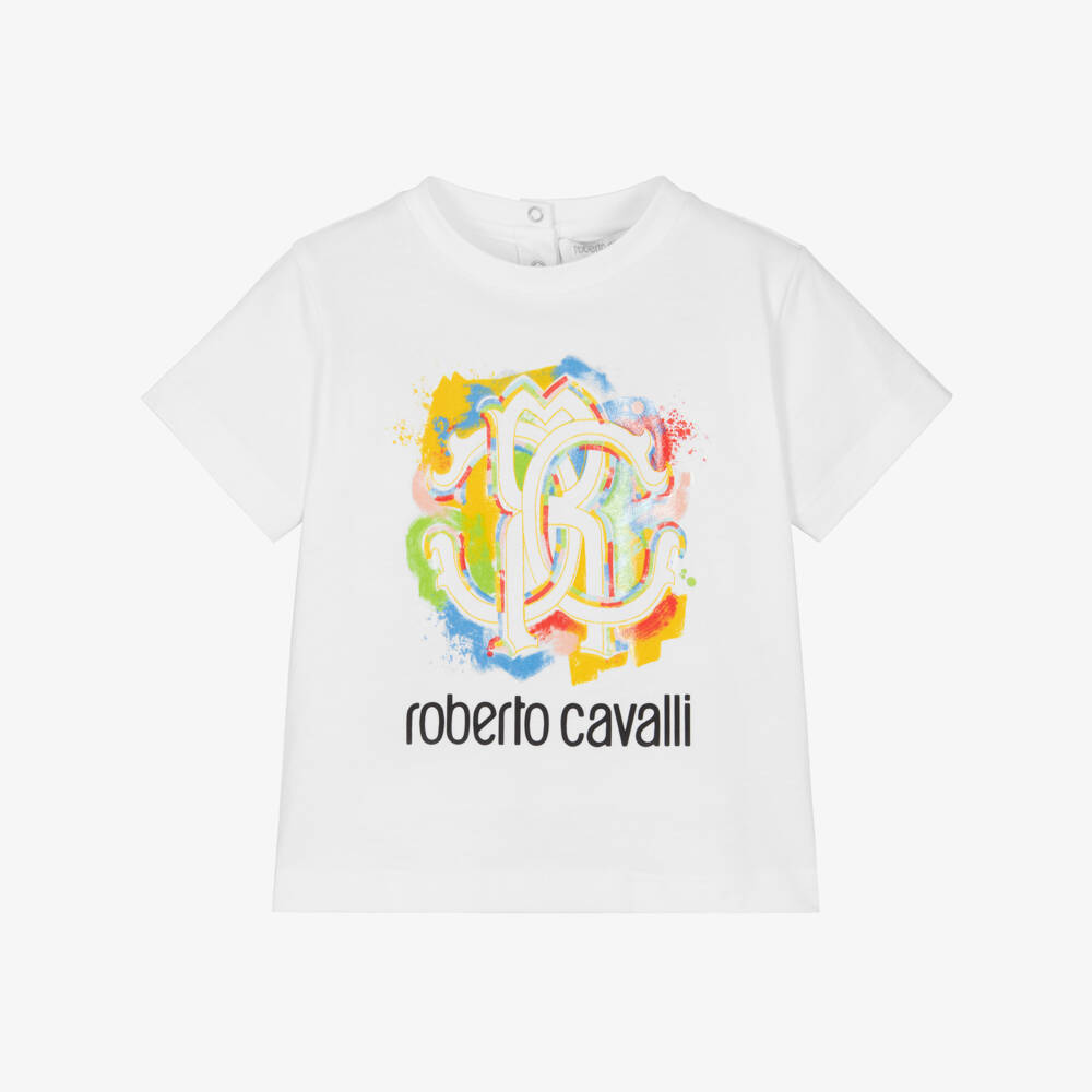 Roberto Cavalli-Boys White Cotton T-Shirt with Colourful Monogram Logo | Childrensalon