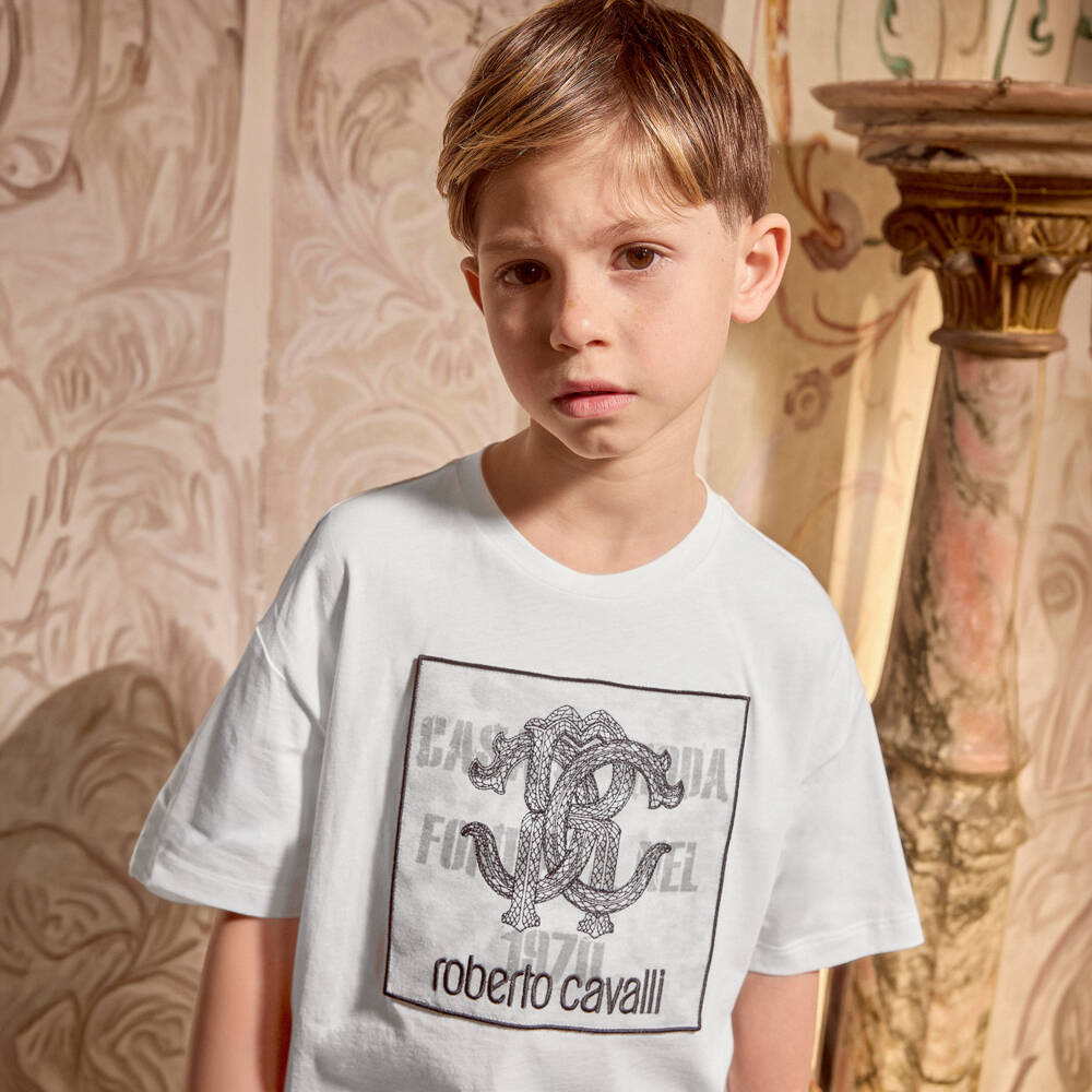 Roberto Cavalli-Boys White Cotton T-Shirt with Monogram Logo Appliqué | Childrensalon