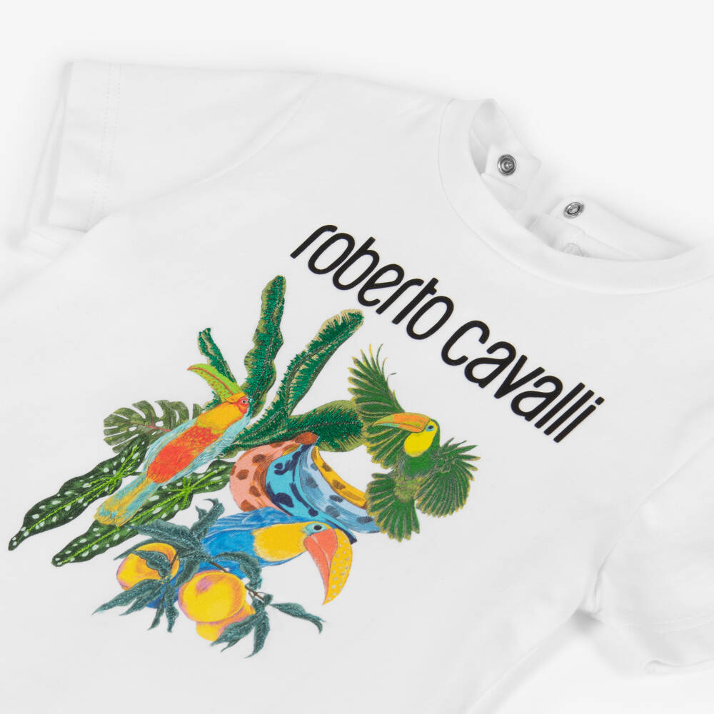 Roberto Cavalli-Boys White Cotton T-Shirt with Tropical Logo Print | Childrensalon