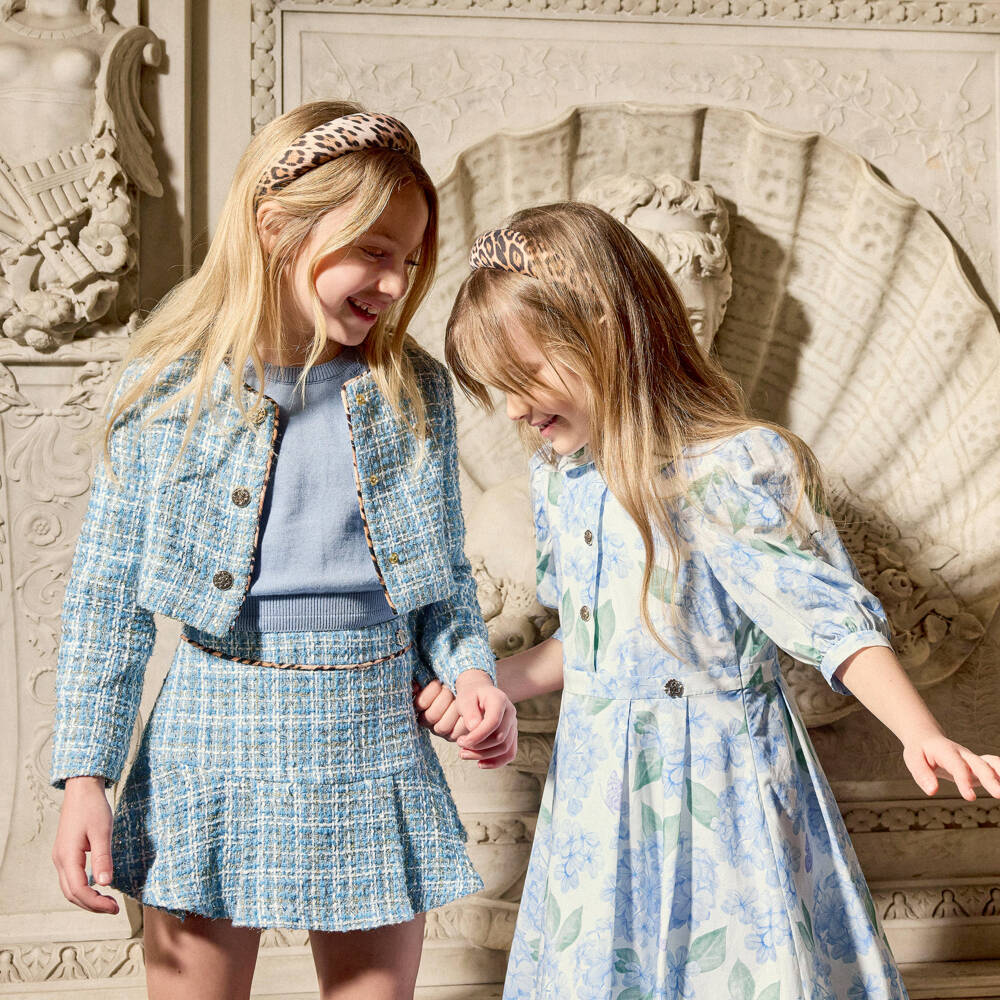 Roberto Cavalli-فستان قطن بطبعة ورود لون أزرق للبنات | Childrensalon