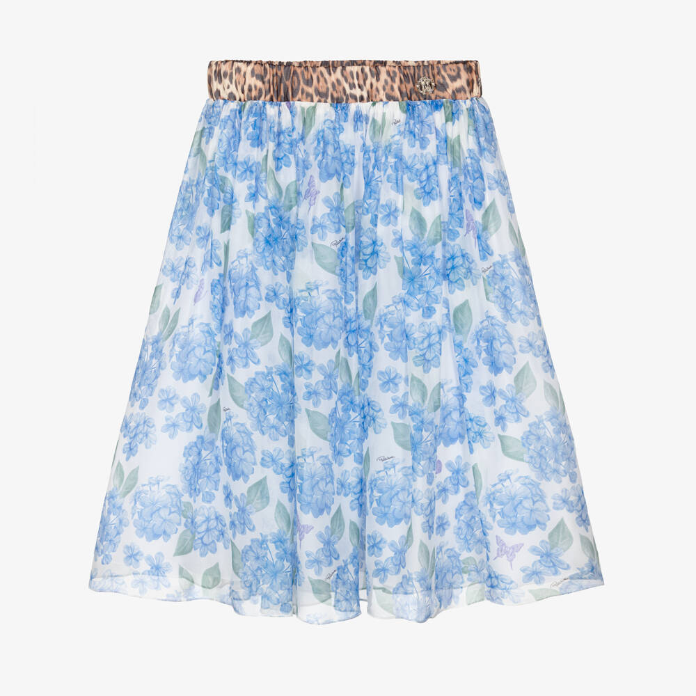 Roberto Cavalli-Girls Blue Hydrangea Print Chiffon Midi Skirt | Childrensalon