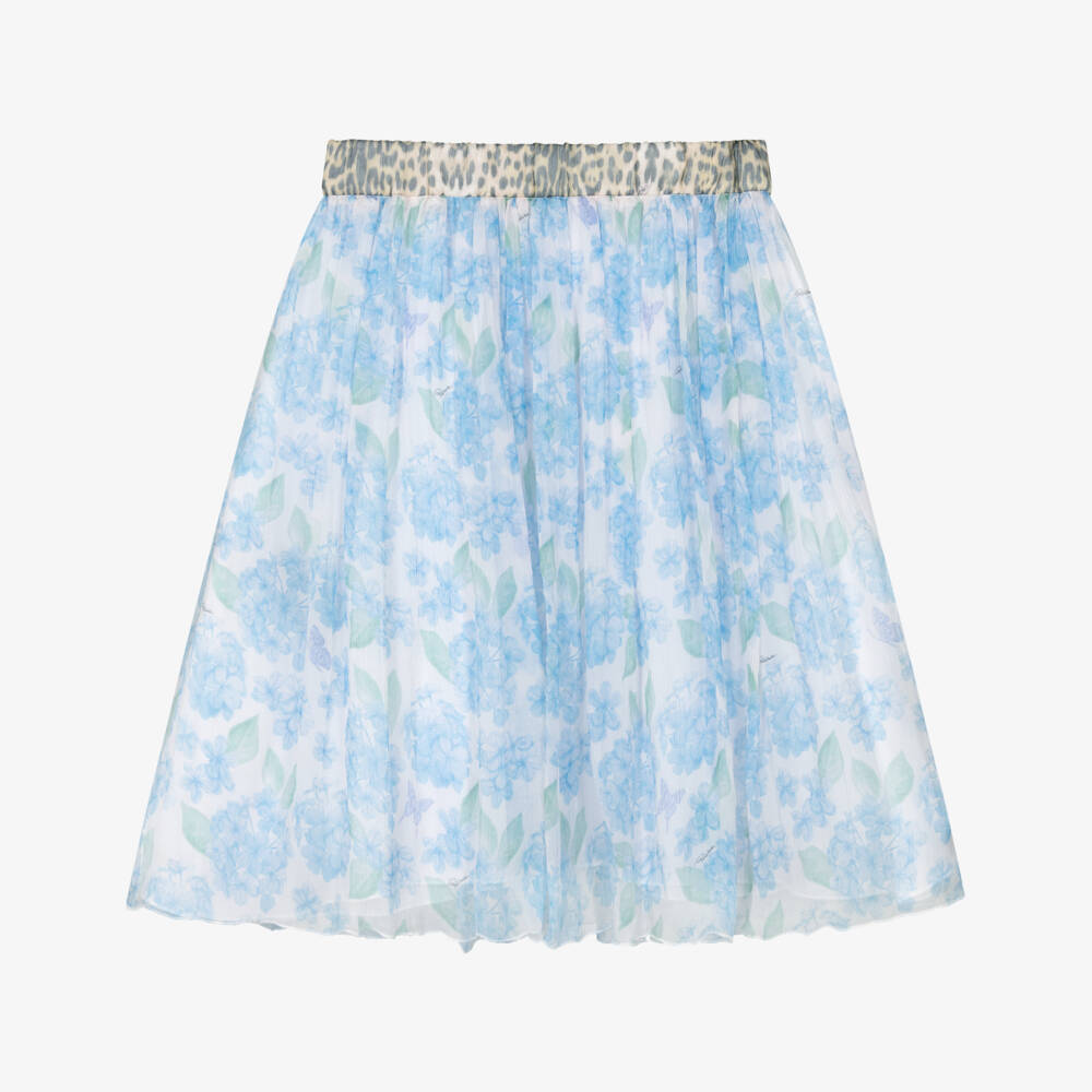 Roberto Cavalli-تنورة ميدي شيفون بطبعة ورود لون أزرق للبنات | Childrensalon