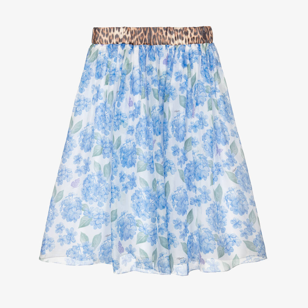 Roberto Cavalli-Girls Blue Hydrangea Print Chiffon Midi Skirt | Childrensalon