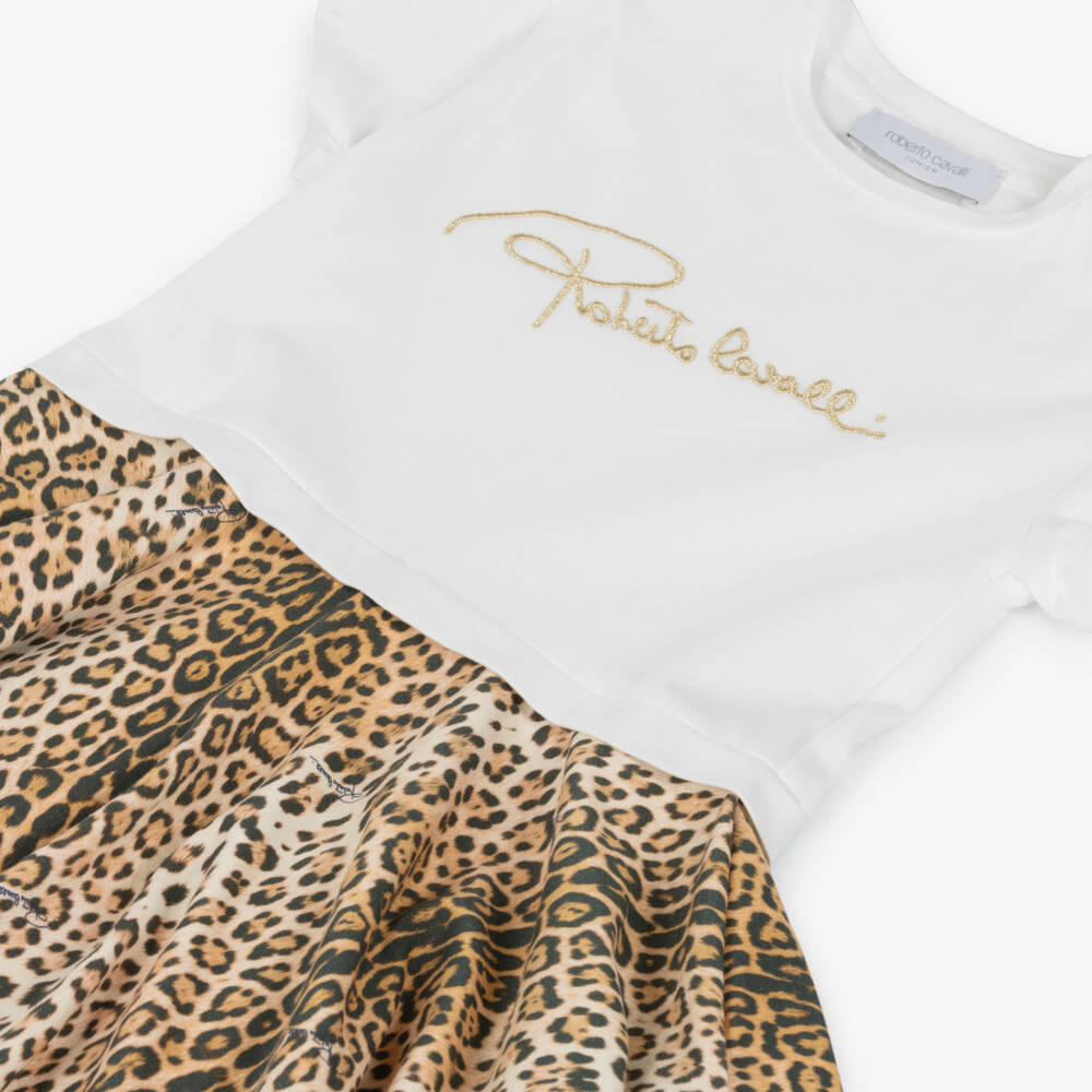 Roberto Cavalli-Girls White & Beige Leopard Cotton Jersey Dress | Childrensalon