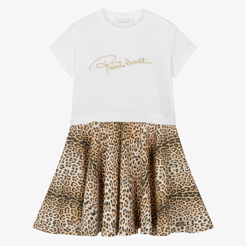 Roberto Cavalli-Girls White & Beige Leopard Cotton Jersey Dress | Childrensalon