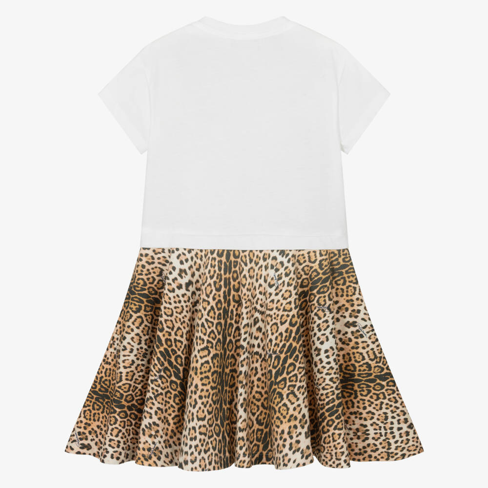 Roberto Cavalli-Girls White & Beige Leopard Cotton Jersey Dress | Childrensalon