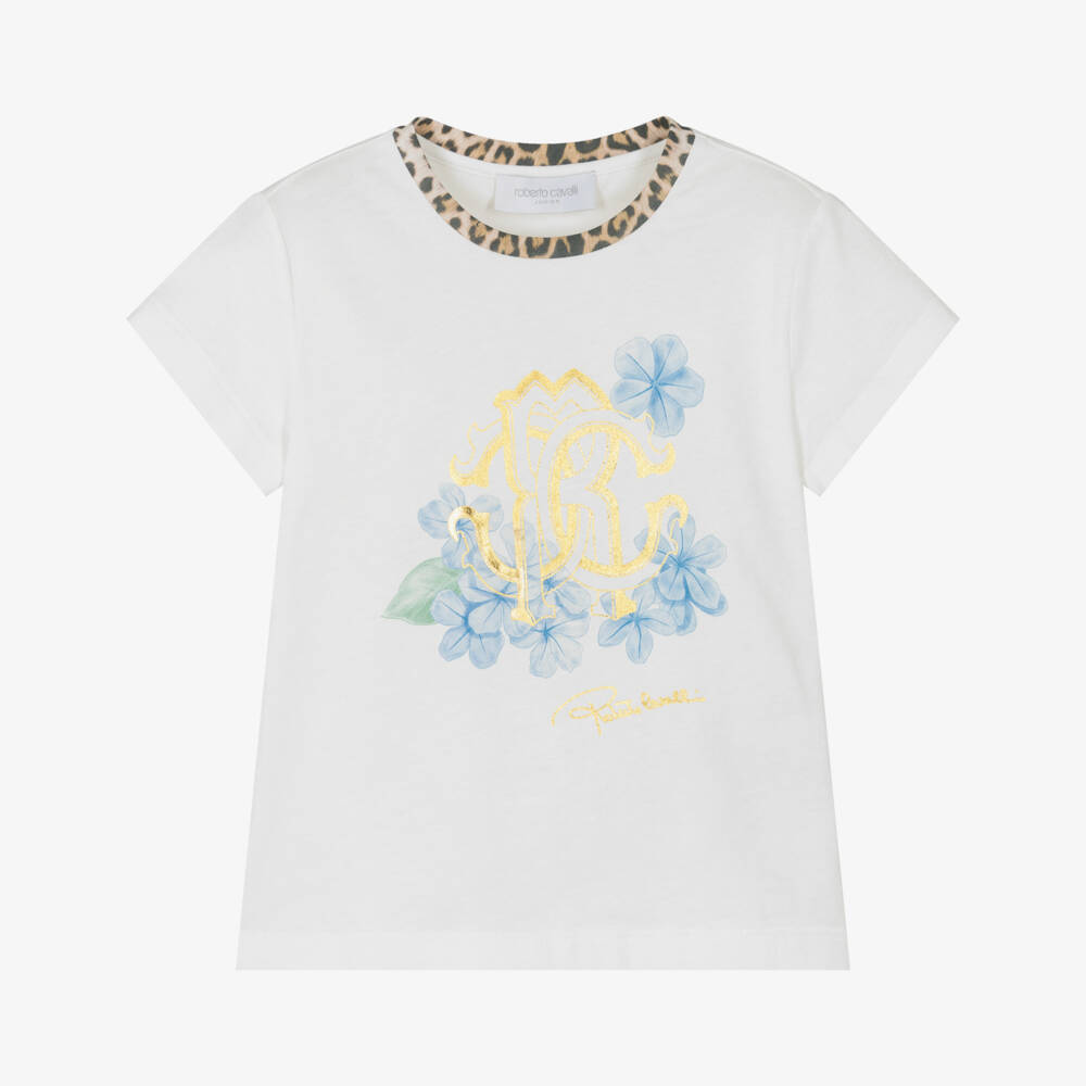 Roberto Cavalli-Футболка белая хлопковая с цветочным и монограммным принтом для девочек | Childrensalon
