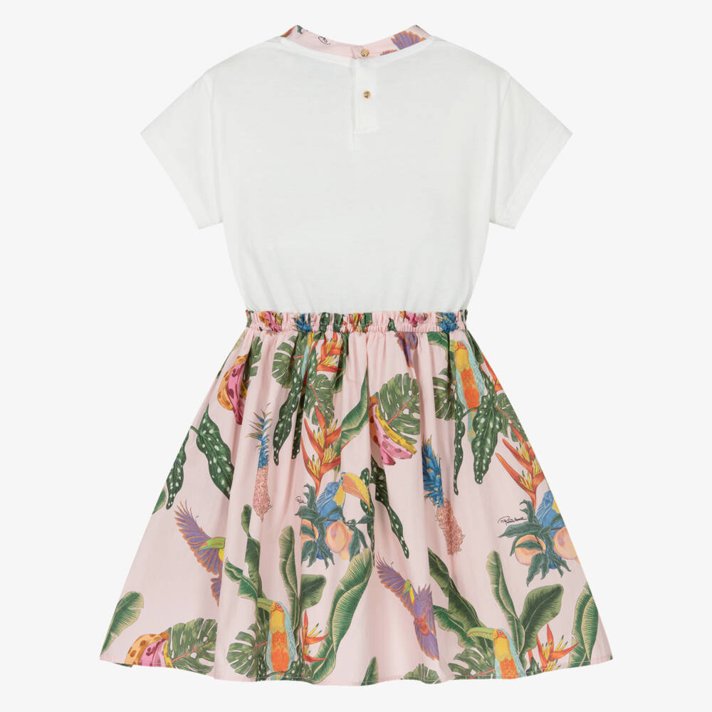 Roberto Cavalli-Girls White & Pink Tropical Print Cotton Dress | Childrensalon