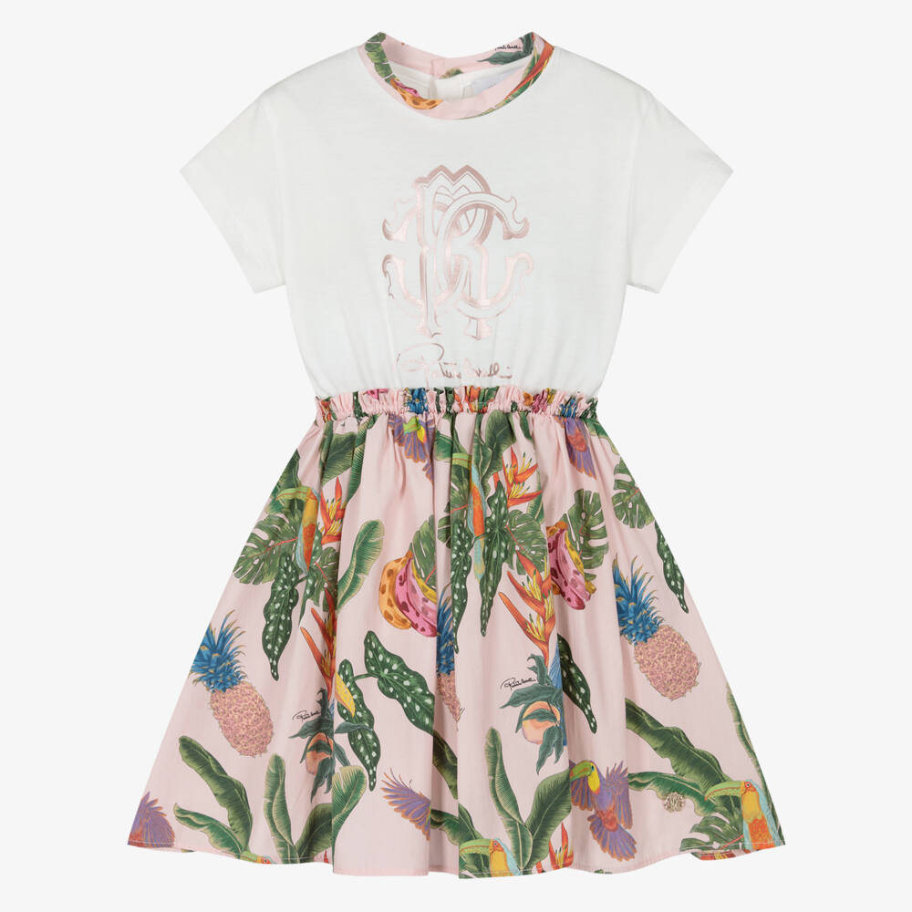 Roberto Cavalli-Girls White & Pink Tropical Print Cotton Dress | Childrensalon