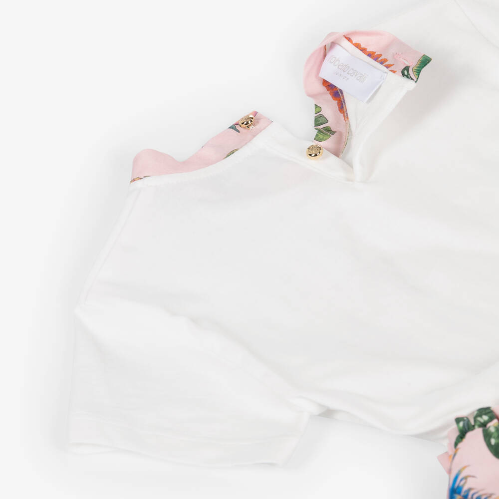 Roberto Cavalli-Girls White & Pink Tropical Print Cotton Dress | Childrensalon