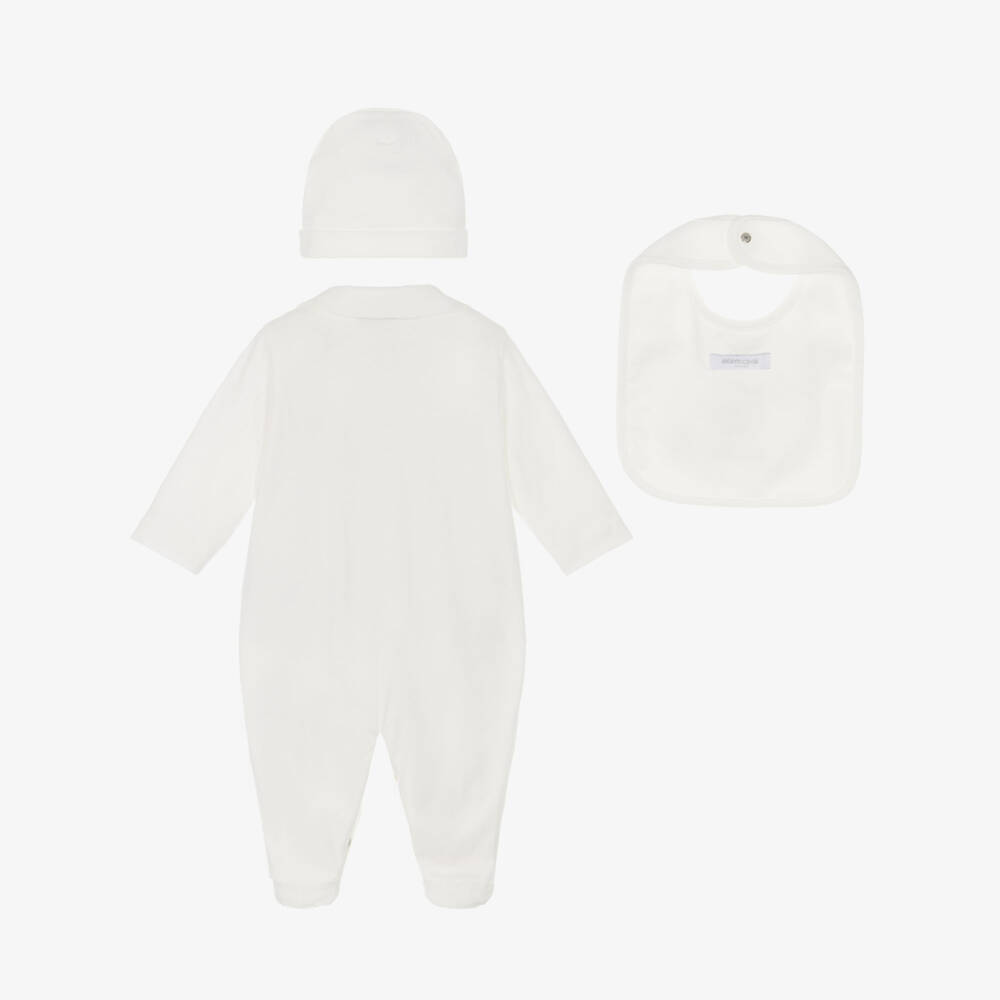 Roberto Cavalli-Ivory Cotton Babysuit Set with Gold RC Monogram Logos | Childrensalon