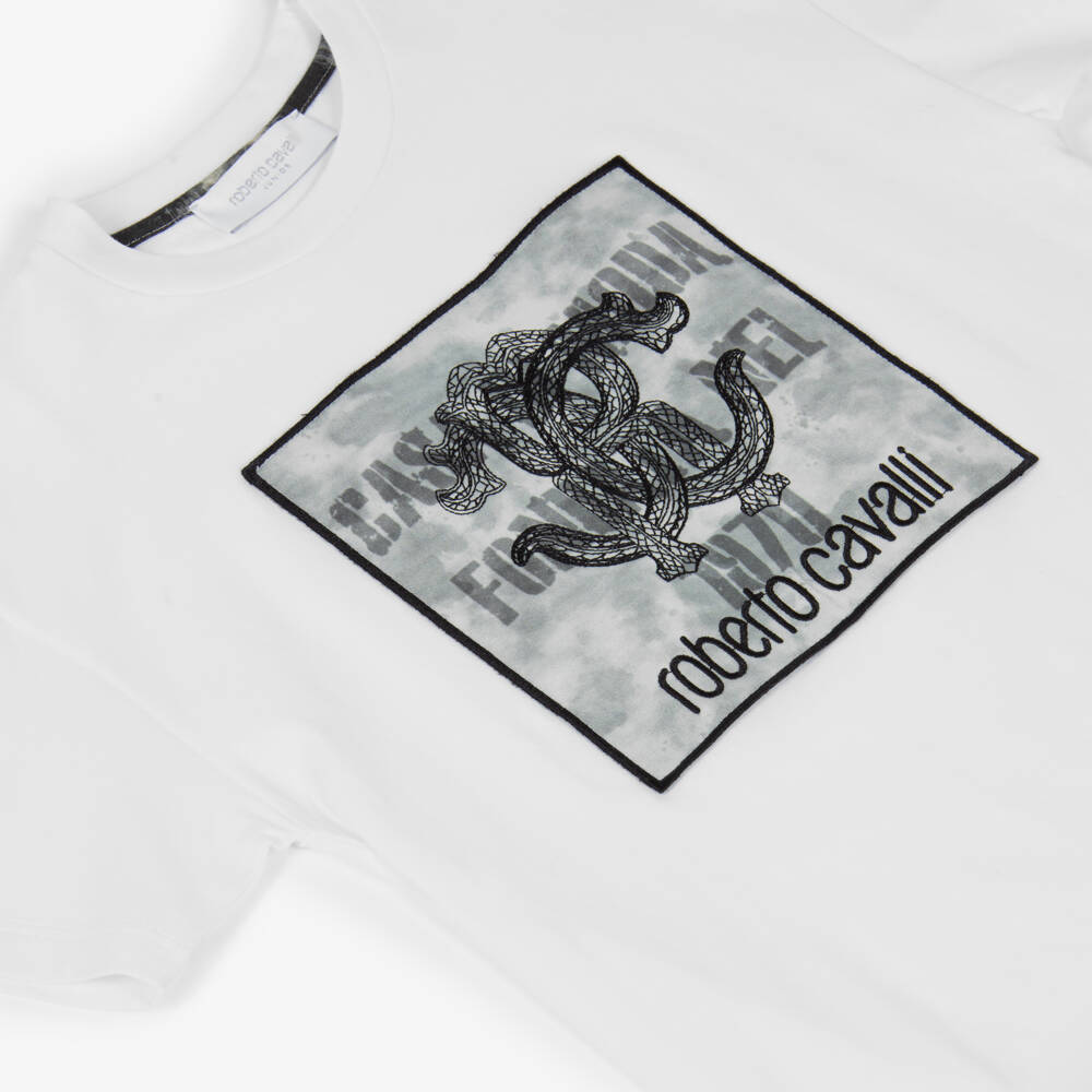 Roberto Cavalli-Boys White Cotton T-Shirt with Monogram Logo Appliqué | Childrensalon